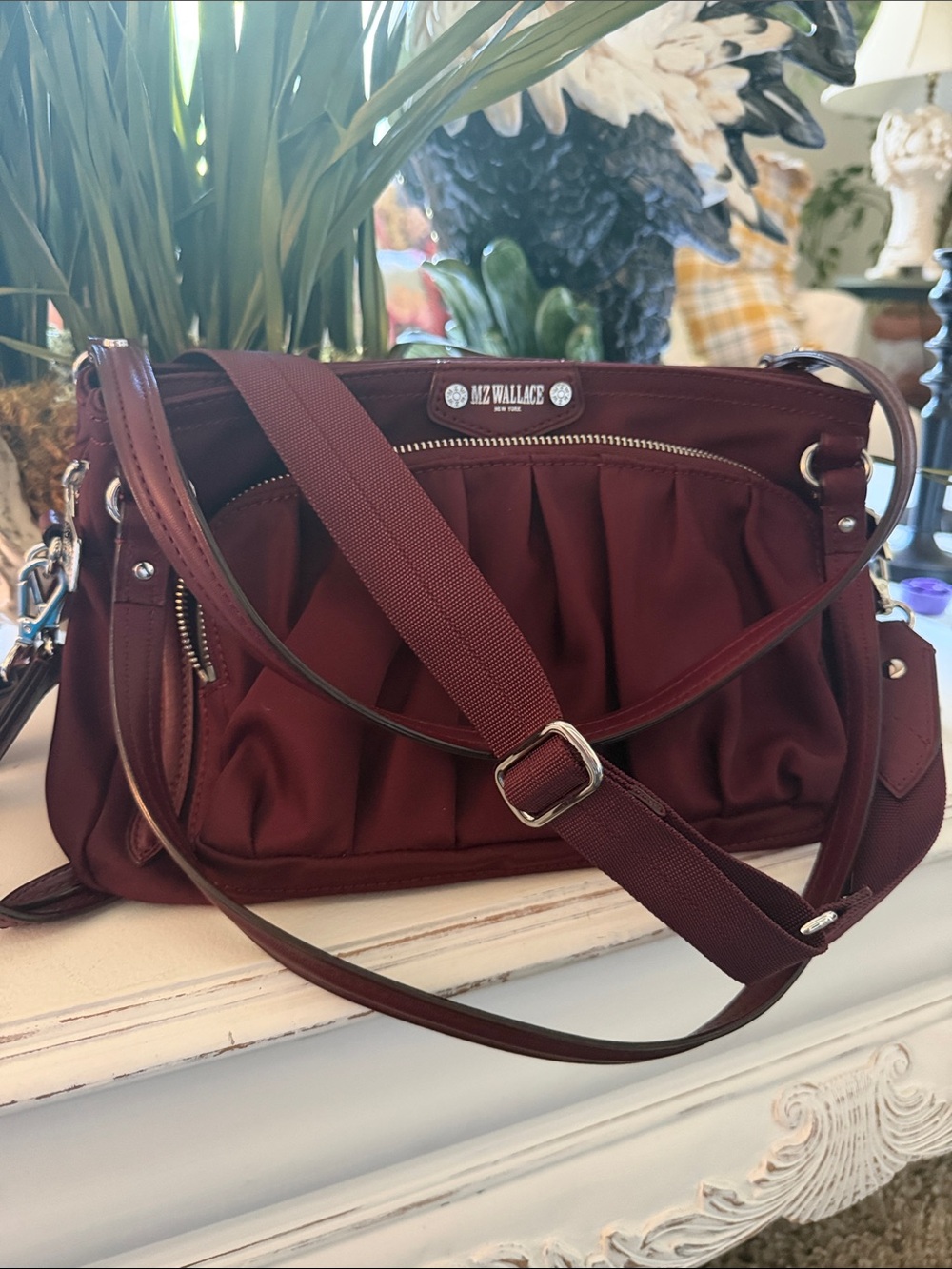 MZ Wallace Burgundy Crossbody Bag with Silver Hardware